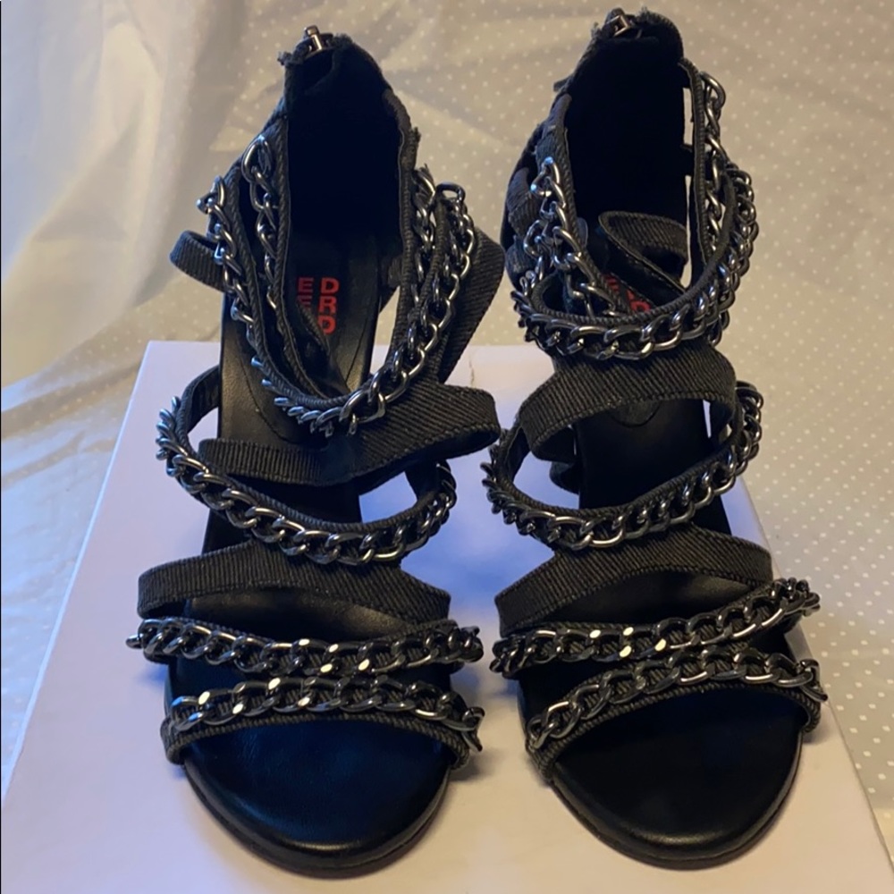 Black denim with chain accent heel